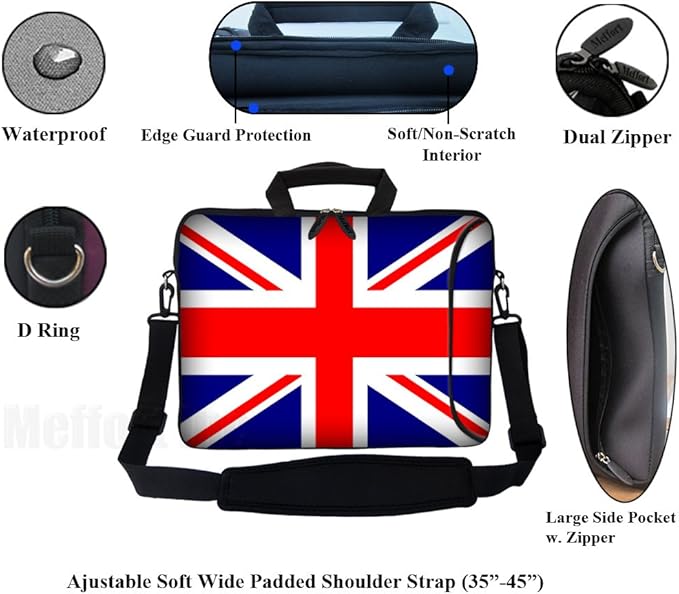 Meffort Inc 17 Inch Neoprene Laptop Bag with Extra Side Pocket, Soft Carrying Handle & Removable Shoulder Strap Fit 16" to 17.3" Size - UK Flag