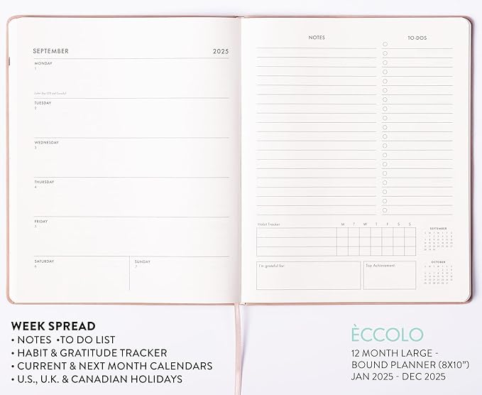 Eccolo 2025 Large Agenda Planner, 12 Month, Yearly, Monthly & Weekly Pages, Habit & Gratitude Tracker (Flexi-Cover - 8 x 10")