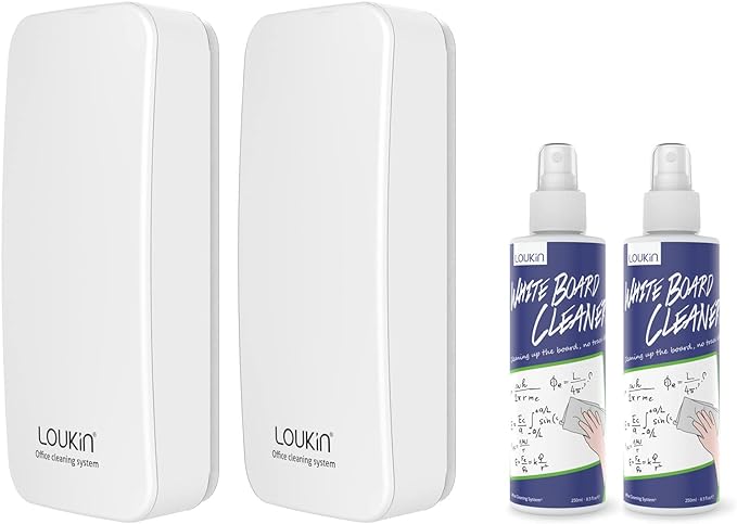 LOUKIN 2 Pack Magnetic Dry Erase Eraser, Whiteboard Eraser, Glass Board Eraser(White), 3.4 fl oz Whiteboard Cleaner * 2 Included, for Classroom, Home and Office Use