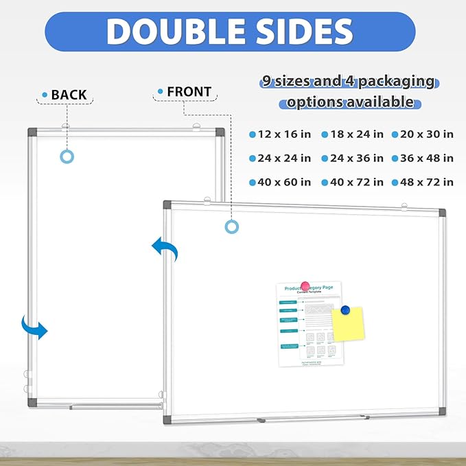 WALGLASS Large White Board, 60" x 40" Double-Sided Dry Erase Board Magnetic Whiteboard for Wall, Hanging Mounted Whiteboard Silver Aluminium Frame for Home, School, Office
