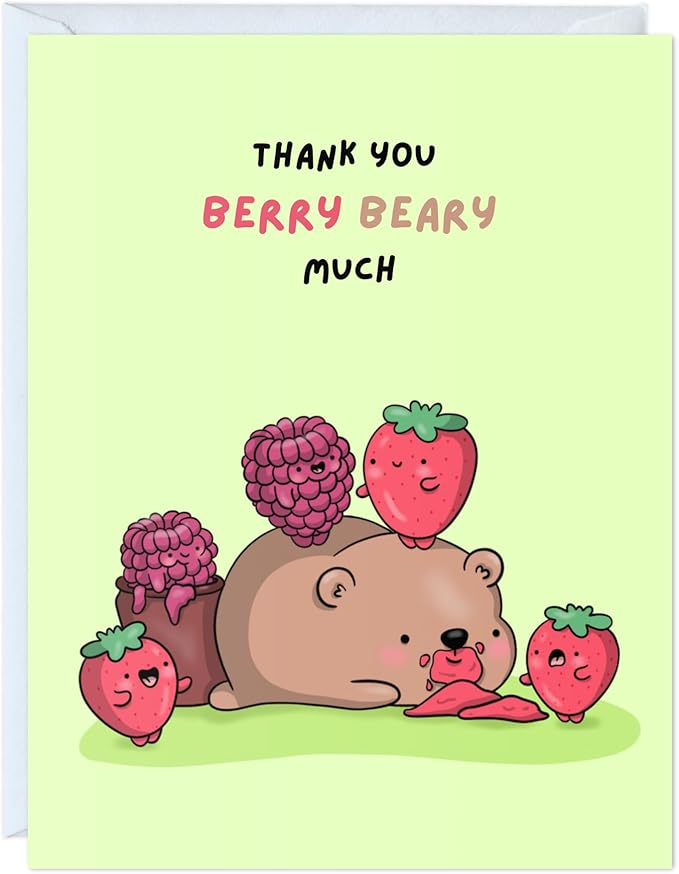 ALY LOU Cute Thank You Card, Thank U Greeting Note Card for Business, Teacher, Wedding, Birthday, Baby Shower, Blank Inside (Thank you Berry Beary Much)
