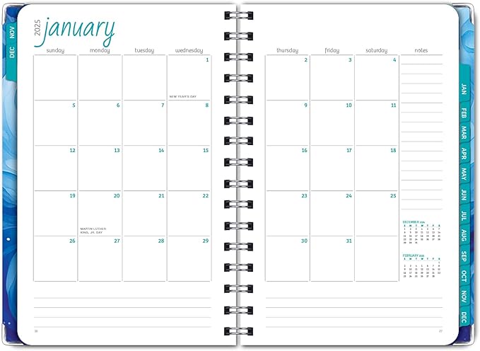 HARDCOVER 2025 Planner, 5.5"x8": 14 Months (November 2024 - December 2025), Daily Weekly Monthly Planner, Yearly Agenda, Bookmark, Pocket Folder and Sticky Note Set (Blue Koi)