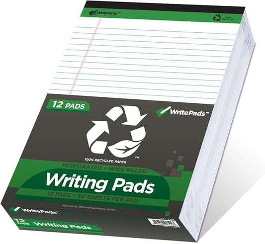 KAISA Legal Pads Writing Pads Recycled Paper, 8.5"x11.75" Wide Ruled, 50 sheets 8-1/2"x 11-3/4" Perforated Writed Pad, White Pack of 12pads, KSU-5293