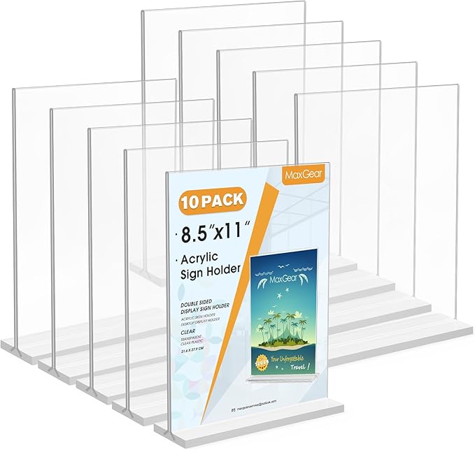 MaxGear Acrylic Sign Holder 8.5x11 Inches 10 Pack, Double Sided Clear Display Stand Table Top Paper Holder, Vertical Menu Flyer Stand, Plastic Frame for Stores, Restaurants, Hotels, Office ﻿