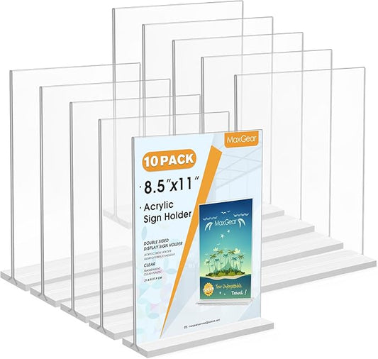 MaxGear Acrylic Sign Holder 8.5x11 Inches 10 Pack, Double Sided Clear Display Stand Table Top Paper Holder, Vertical Menu Flyer Stand, Plastic Frame for Stores, Restaurants, Hotels, Office ﻿
