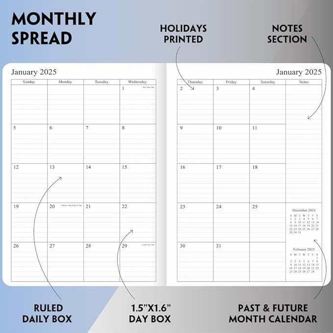 2025 Planner - Weekly and Monthly Planner Jan 2025 to Dec 2025, Vegan Leather Cover, Elastic Closure, 7”x9.25”, Grey