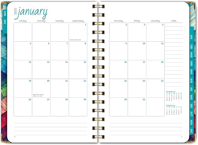 HARDCOVER 2025 Planner, 5.5"x8": 14 Months (November 2024 - December 2025), Daily Weekly Monthly Planner, Yearly Agenda, Bookmark, Pocket Folder and Sticky Note Set (Rainbow Oak)