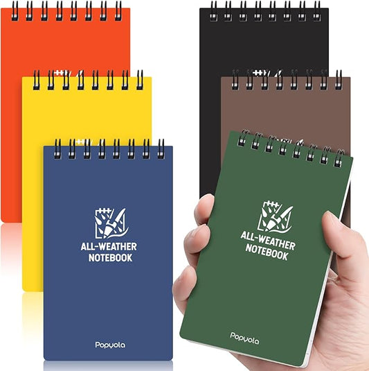 POPYOLA 6 Pack Waterproof Pocket Notebook, 3 x 5 Pocket Notepad, All Weather Small Mini Spiral Notepad with 100 Lined Pages for Outdoor Office School