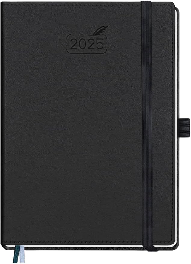 BEZEND 2025 Planner Daily Weekly & Monthly 5.8" x 8.5" (Jan - Dec 2025) Agenda 2025 Vertical Calendar Book with Hourly Schedule, Monthly Tabs, Pen Holder, Vegan Leather Hard Cover - Black