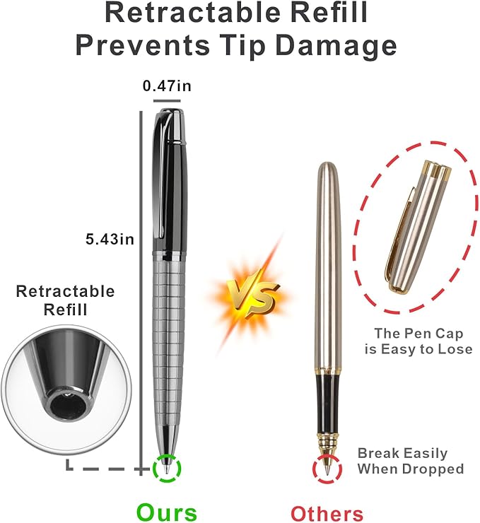 Cambond Metal Pens - Bulk Black Pens with 6 Refills (Silver with Black), 1.0 mm Medium Point for Journaling, Gifting, Business, Men, Police, Flight Attendants