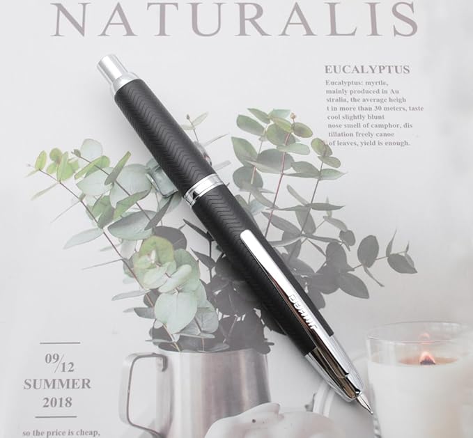 JINHAO 10 Press Fountain Pen, Retractable Metal Pen with Ink Converter (EF Nib 0.38mm, Wavy Texture Matte Black)