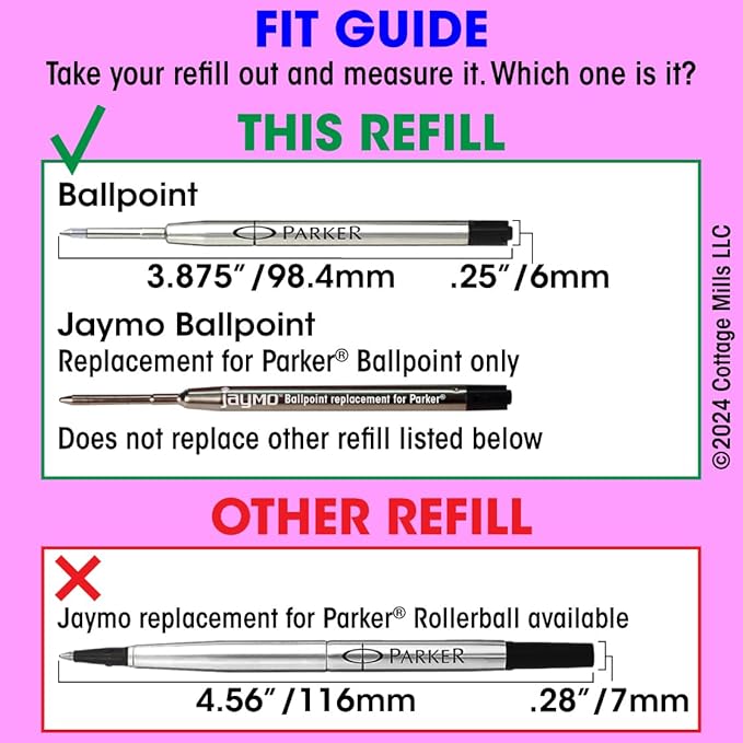 Jaymo Replacement for Parker 1950369/1950370/1950371 and Bastion - Measures 3.875 in / 98 mm Long - G2 Ballpoint Pen Refill - 6 Purple