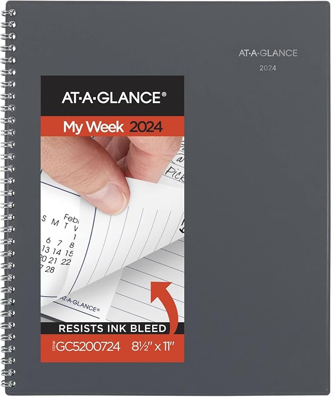 AT-A-GLANCE 2024 Weekly & Monthly Planner, DayMinder, Quarter-Hourly Appointment Book, 8-1/2" x 11", Large, Spiral Bound, Monthly Tabs, Gray (GC5200724)