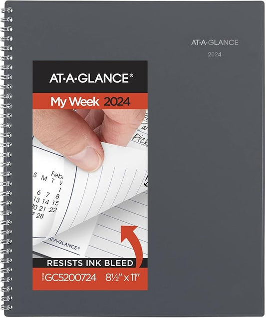 AT-A-GLANCE 2024 Weekly & Monthly Planner, DayMinder, Quarter-Hourly Appointment Book, 8-1/2" x 11", Large, Spiral Bound, Monthly Tabs, Gray (GC5200724)