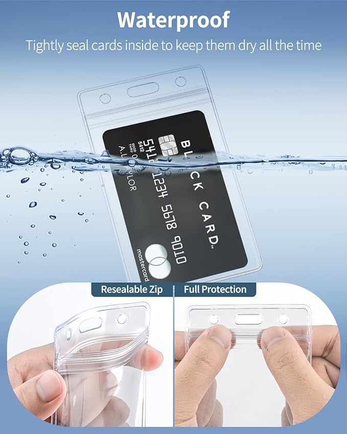 Pawfly 12 Pack Vertical ID Card Badge Holder Waterproof Clear Card Sleeve Case Cover Heavy Duty Card Protector Pouch with Resealable Zip for Proximity Key Card Driver’s License and Credit Card