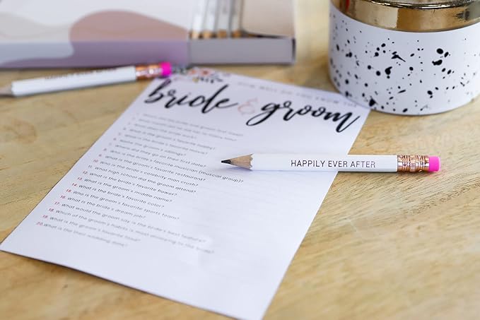 Markt Mini Pencils for Bridal Shower Games, Bridal Shower Pens, Happily Ever After Pencils, Small Pencil Set For Prizes, Game Winner Gifts (White With Pink Eraser)