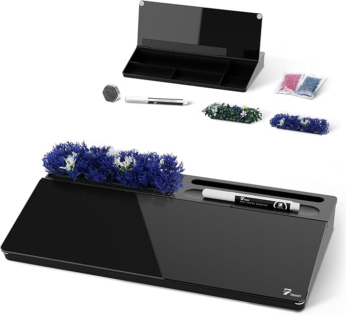 TOWON Black Whiteboard for Desk with Artificial Potted Plant & Nano Incense Stone Aromatic, Desktop Dry Erase Notepad with Storage, Desk Accessories Tray with Organizer for Home Office