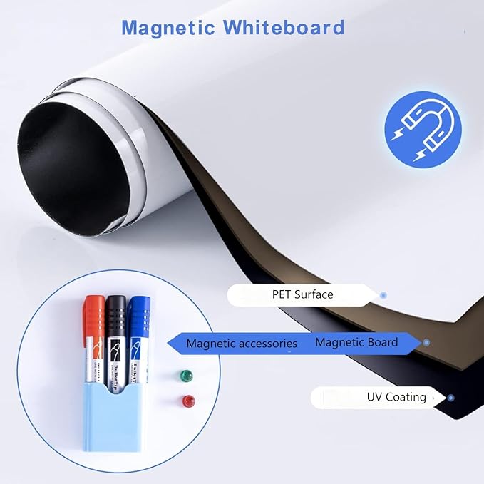 Dry Erase Adhesive Whiteboard Paper, 12" x 18" Stick on Magnetic Contact White Board Sticker on Wall for School, Office, Kitchen Fridge, Kids Drawing