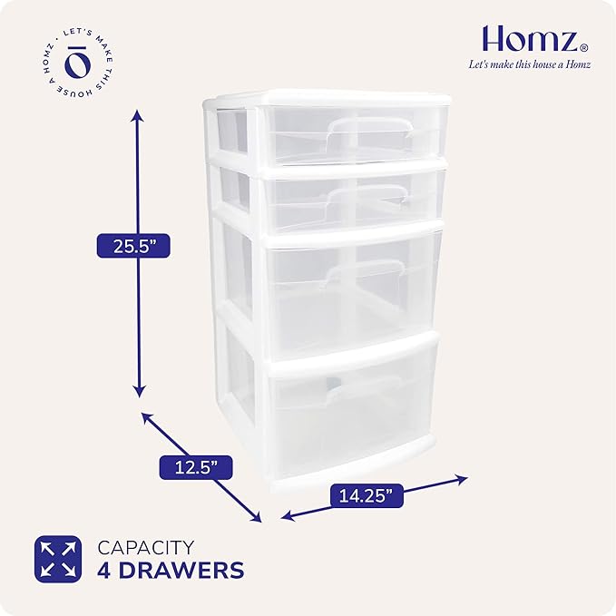 Homz Clear Plastic 4 Drawer Medium Home Storage Container Tower w/2 Large and 2 Small Drawers, and Removeable Caster Wheels, White Frame (2 Pack)