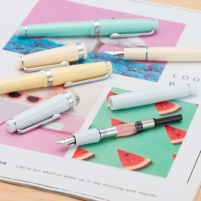 Jinhao 82 Yellow Acrylic Fountain Pen, Iridium Bent Nib Classic Design Smooth Writing Pen with Ink Converter (Silver Trim)