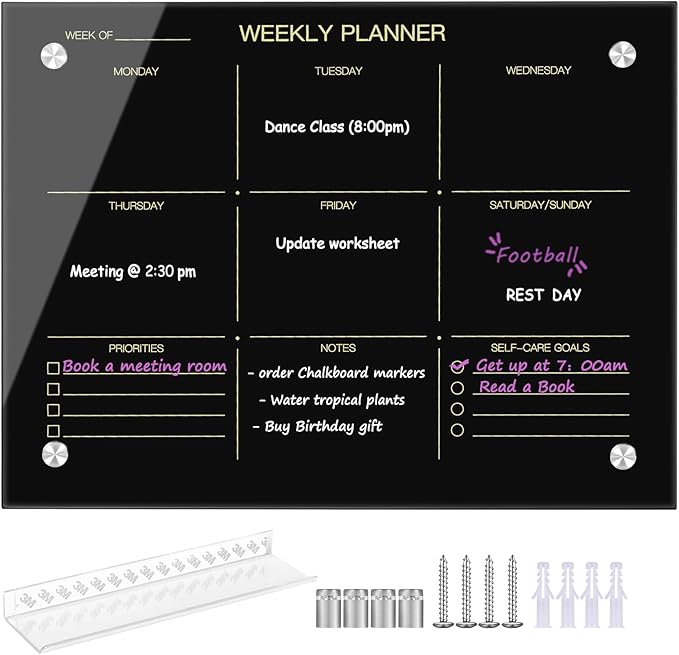 Okydoky Glass Dry Erase Whiteboard,Weekly Whiteboard,12" x 16",Frameless Glass White Board for Home,School,Office,Black Surface(Glass Weekly-BK-3040)