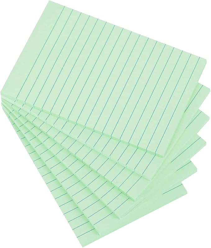 Vanpad Lined Sticky Notes 4X6 in Light Green Ruled Stickies Super Sticking Power Memo Pads Strong Adhesive, 6 Pads/Pack, 45 Sheets/pad