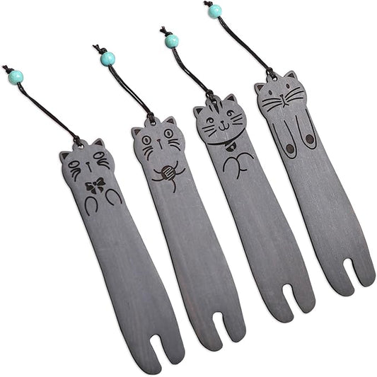 Wood Cat Bookmarks - Set of 4 Cute Bookmarks Aesthetic, Wooden Bookmarks Anime Cat Bookmark for Women Girl Kids, Kawaii Bookmark for Book Lover Cat Lover Friends Best Gifts (Black Sandalwood)