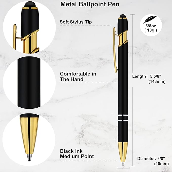 LINFANC 12 Pack Black Gold Ballpoint Pen with Stylus Tip, 1.0 mm Black Ink Smooth Writing Pens, Metal Stylus Pens for Touch Screens