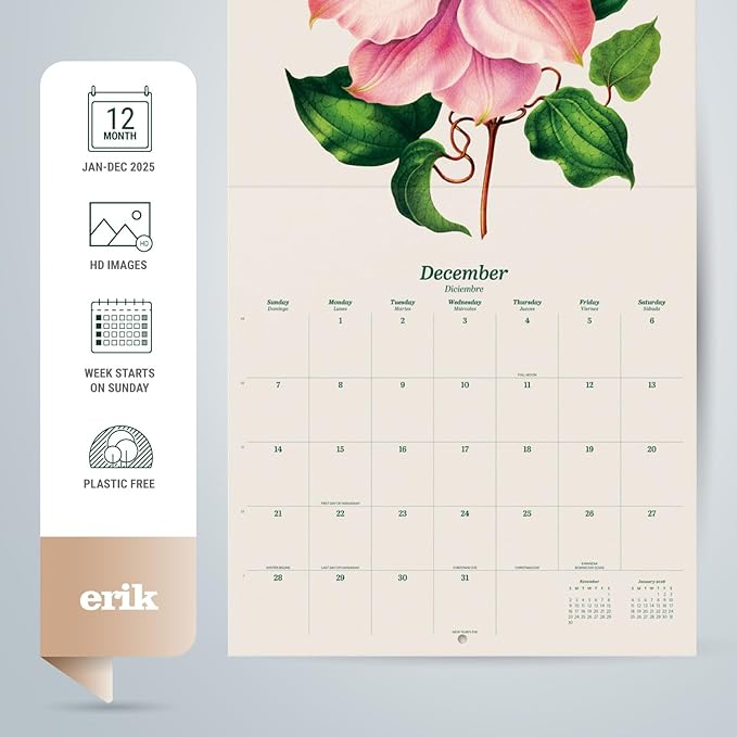 Botanical Wall Calendar 2025 12" x 12" FSC® Plastic Free - Starts Week On Sunday | Square Wall Calendar | Family Planner Calendar 2025 | Flowers Calendar 2025