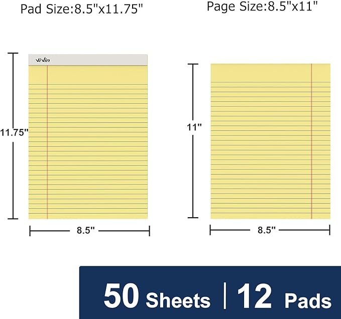 ViVin Legal Pads 8.5 x 11 Inch, Wide Ruled Note Pads, 12 Pack, 50 Sheet/Pad, Perforated Writing Pads, Notepads for Office Home School, 600 Sheets (12 Pack of 50), Canary Yellow Paper