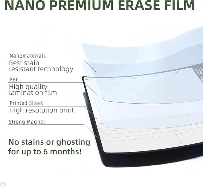 Magnetic Dry Erase Monthly and Weekly Calendar - 17"x12" Monthly and Weekly Whiteboard for Fridge - 6 Extra Fine Point Markers Included - Shipped Flat