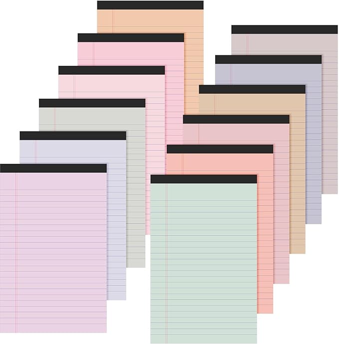 Lincia 12 Pcs 5" x 8" Colored Note Pads Mini Legal Pads Ruled 50 Sheets Per Micro Writing Pads Perforated and Lined for College Office Supplies (Sweet Colors)