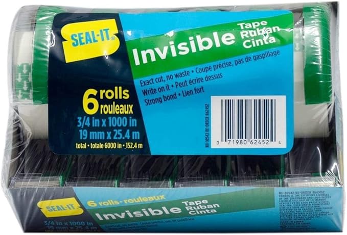 Invisible Stationery Tape 3/4 x 1000 Inches On Press N' Cut Dispenser, Pack of 6 Total 6000 Inches, White (62452)