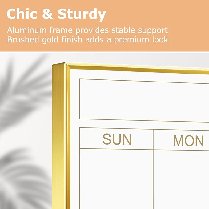 Magnetic Dry Erase Calendar Board for Wall - 36'' x 24'' Monthly Calendar Whiteboard with Cork Board - Gold Aluminum Frame