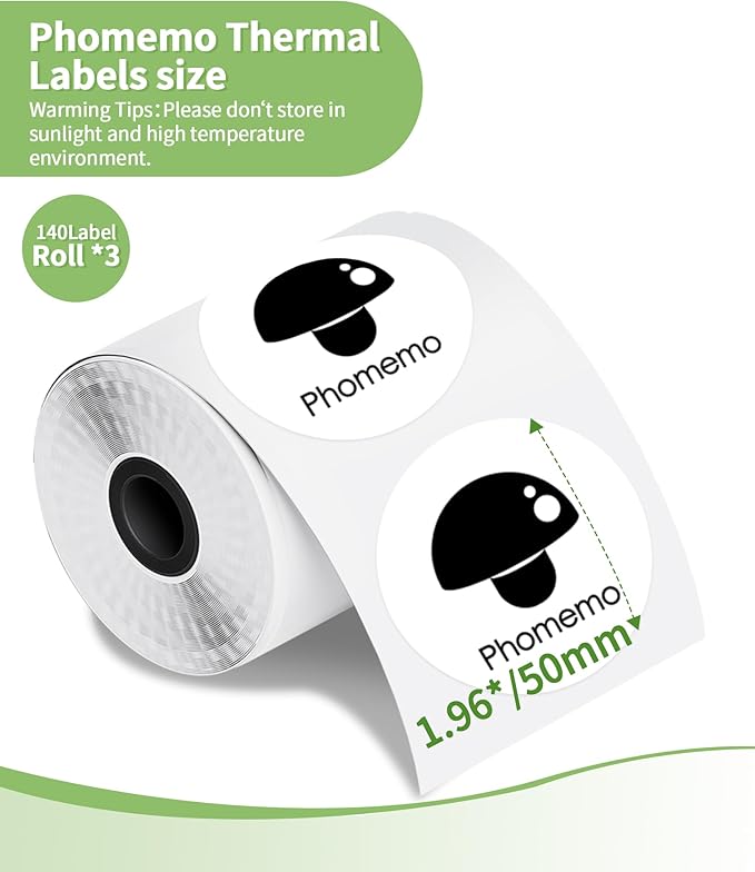 3 Roll Self-Adhesive Round Circle Thermal Labels for Phomemo M110/M221/M220/M120/M200/M110S Label Printers,1.96"（50 mm）,Multi-Purpose Thermal Stickers,Black on White,140Labels/Roll