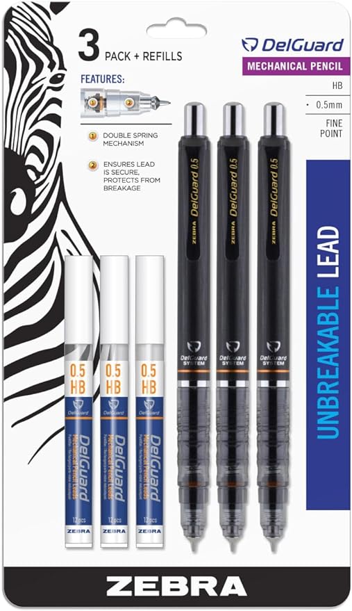 Zebra Delguard Mechanical Pencil, 0.5 Mm, Hb (#2.5), Black Lead, Black Barrel, 3/pack
