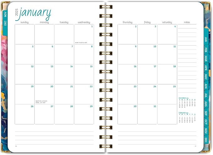 HARDCOVER 2025 Planner, 5.5"x8": 14 Months (November 2024 - December 2025), Daily Weekly Monthly Planner, Yearly Agenda, Bookmark, Pocket Folder and Sticky Note Set (Speckled Marble)
