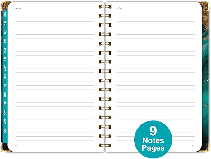 HARDCOVER 2025 Planner, 5.5"x8": 14 Months (November 2024 - December 2025), Daily Weekly Monthly Planner, Yearly Agenda, Bookmark, Pocket Folder and Sticky Note Set (Teal Gold Marble)