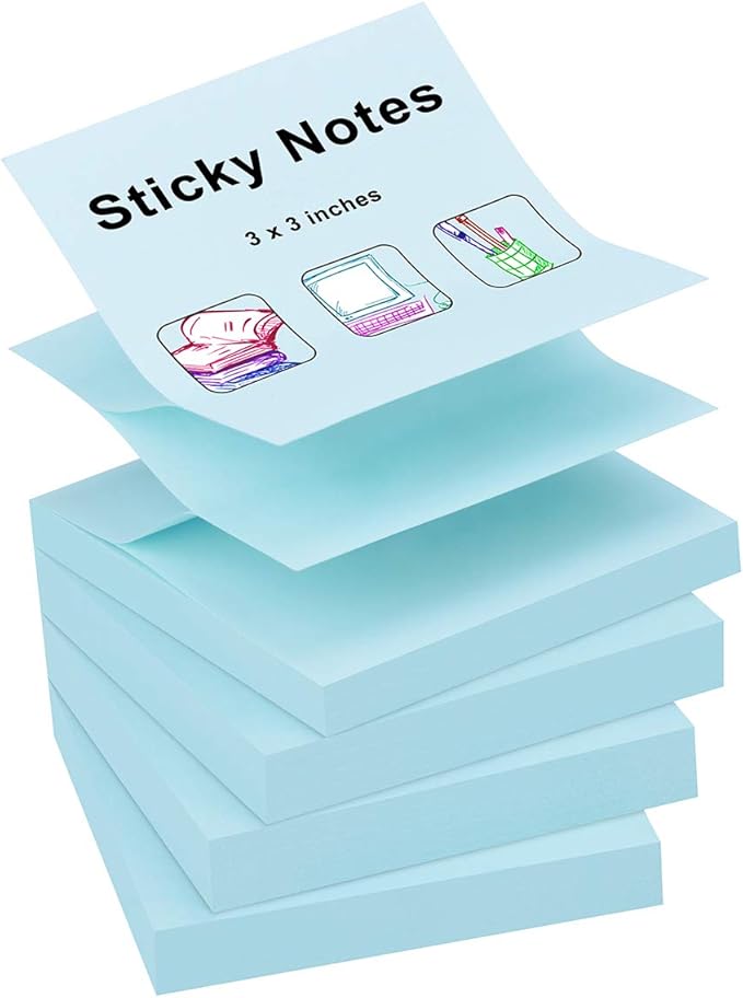 ZCZN 400 Sheets Pop-up Sticky Notes, 3 x 3 Inches, 4 Pads Bright Color Self-Stick Notes, 100 Sheets/Pad, Light Blue