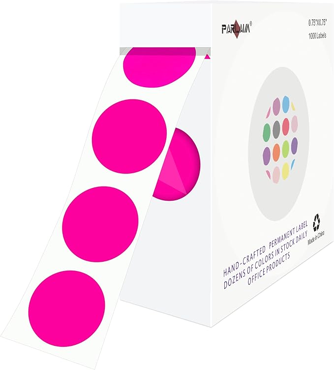 PARLAIM 0.75" Round Color Coding Circle Dot Labels in Roll, 1000 Stickers per Dispenser Box, 3/4 inch Diameter for Office and Business, Fluorescent Pink