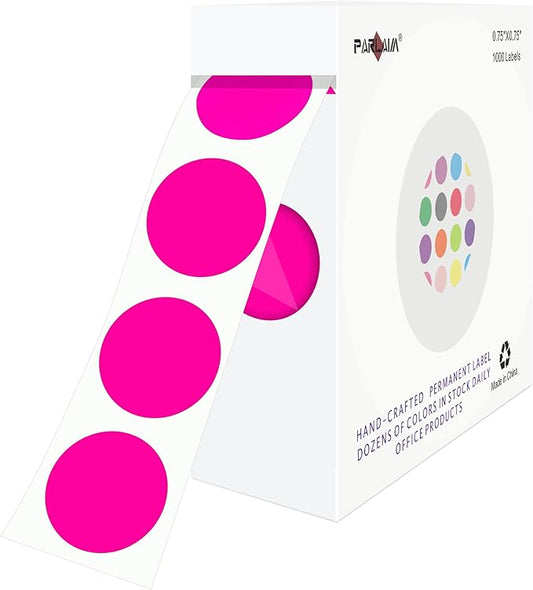 PARLAIM 0.75" Round Color Coding Circle Dot Labels in Roll, 1000 Stickers per Dispenser Box, 3/4 inch Diameter for Office and Business, Fluorescent Pink