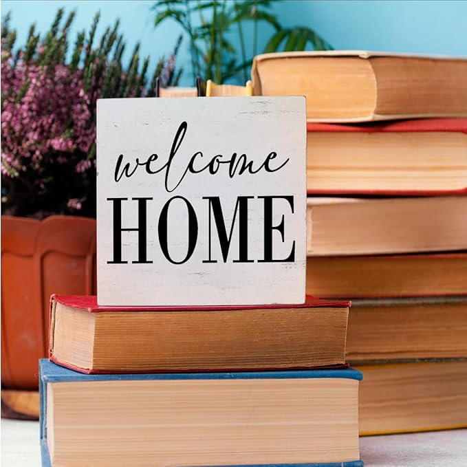 Welcome Home Sign Home Decor Desk Decor Wooden Box Sign Rustic Black Wood White Plaque Box Sign for Women Family Friends Farmhouse Living Room Kitchen Bedroom Shelf Table Decoration