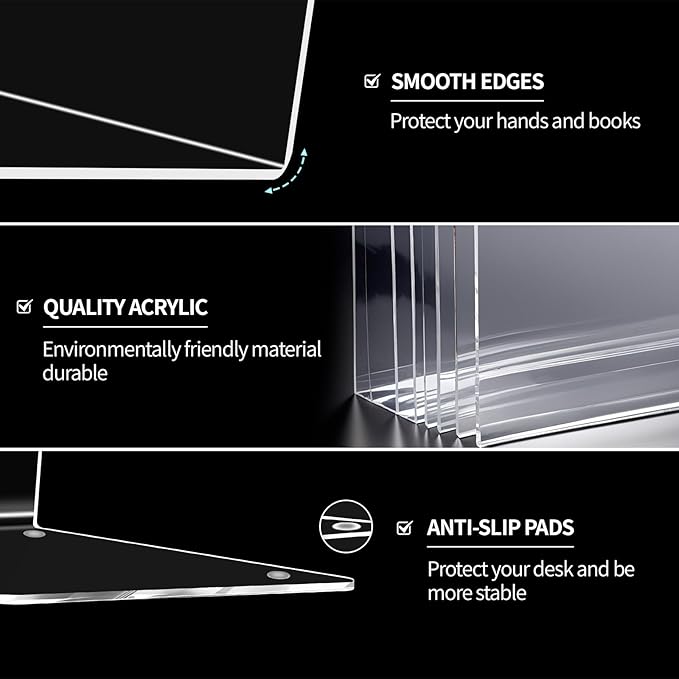 Book Ends for Shelves 8pcs Clear Acrylic Bookends for Heavy Books Organizer Book Stopper to Hold Books for Home Office School and Desktop Decoration(Circular Arc)