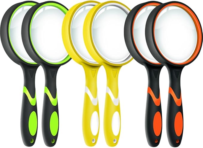Leffis 6 Pack Magnifying Glass, 10X Non-Slip Handheld Reading Magnifier for Kids and Seniors, 75mm Magnifying Glass Lens for Reading, Classroom Science, and Nature Exploration