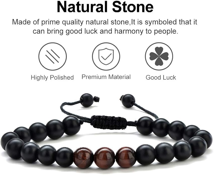 M MOOHAM Natural Stone Bracelets for Men - 8mm Tiger Eye | Matte Agate | Lava Rock Bracelets for Men Teen Boys Gifts Birthday Anniversary Christmas Gifts for Men Teens