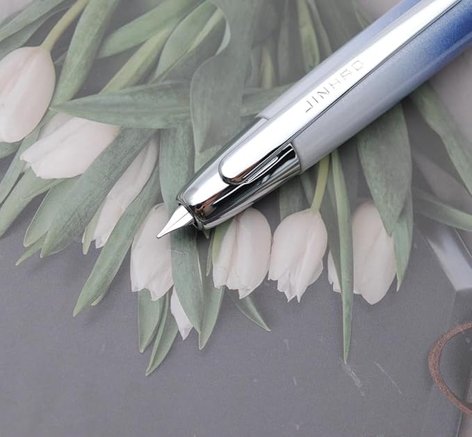 JINHAO 10 Press Fountain Pen, Retractable Metal Pen with Ink Converter (F Nib 0.5mm, Gradient Dark Blue)