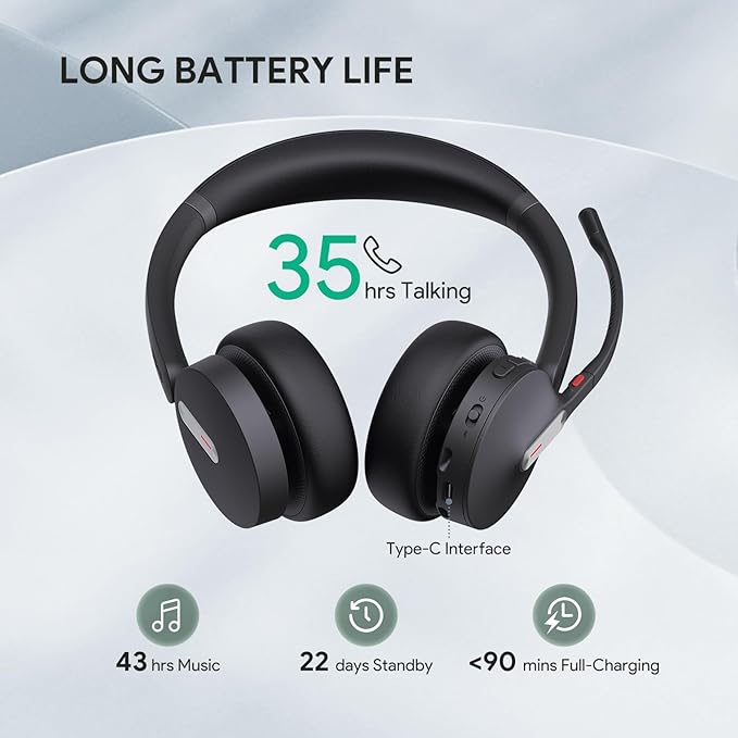Yealink BH70 UC (NO Dongle) Wireless Bluetooth Headset with Microphone for Work, 35h Talking Battery Life, 3-Mic Noise Cancellation Headsets for Computer, 147g Lightweight Headphone for Open Office