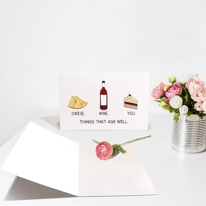 Hilarious Birthday Card for Men Women, Funny Getting Older Birthday Card for Him Her, Cute Cheese and Wine Birthday Card, Things Better With Age Bday Card