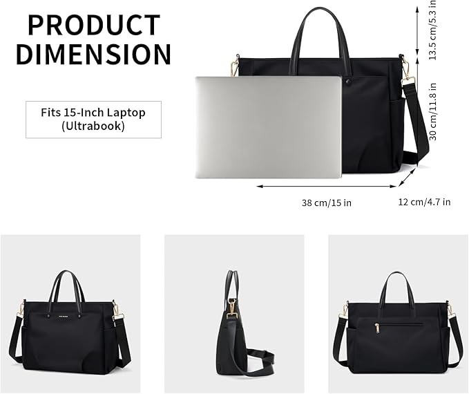 Laptop Tote Bag 15 Inch, Computer Shoulder Bag Large Work Tote Bag for Women, Laptop Carrying Case Stylish Handbag for Business Travel (Black)
