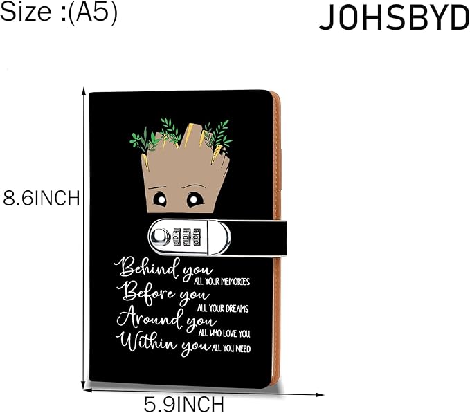 Funny Groot Gifts Leather Combination Lock Notebook Always Remember You’re Braver Than You Believe Leather Locked Journal Notebook Birthday Gifts for Daughter Son (behind you)